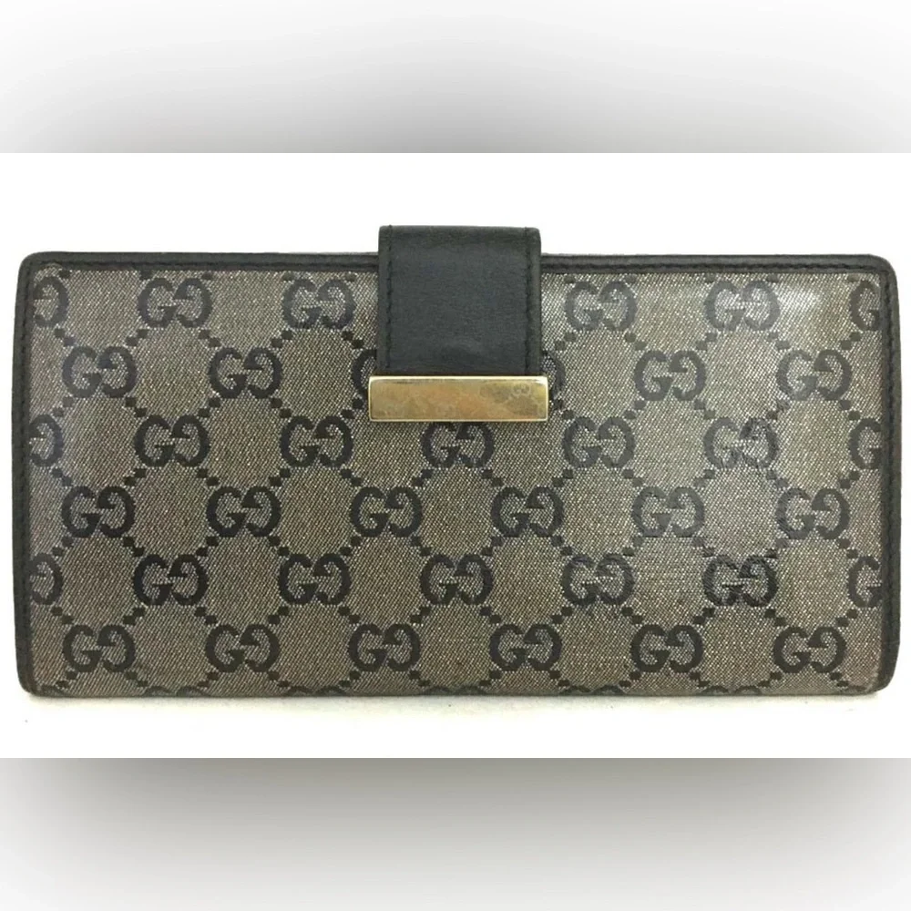 Authentic GUCCI GG Crystal Coated Leather Long Bifold Wallet Navy blue